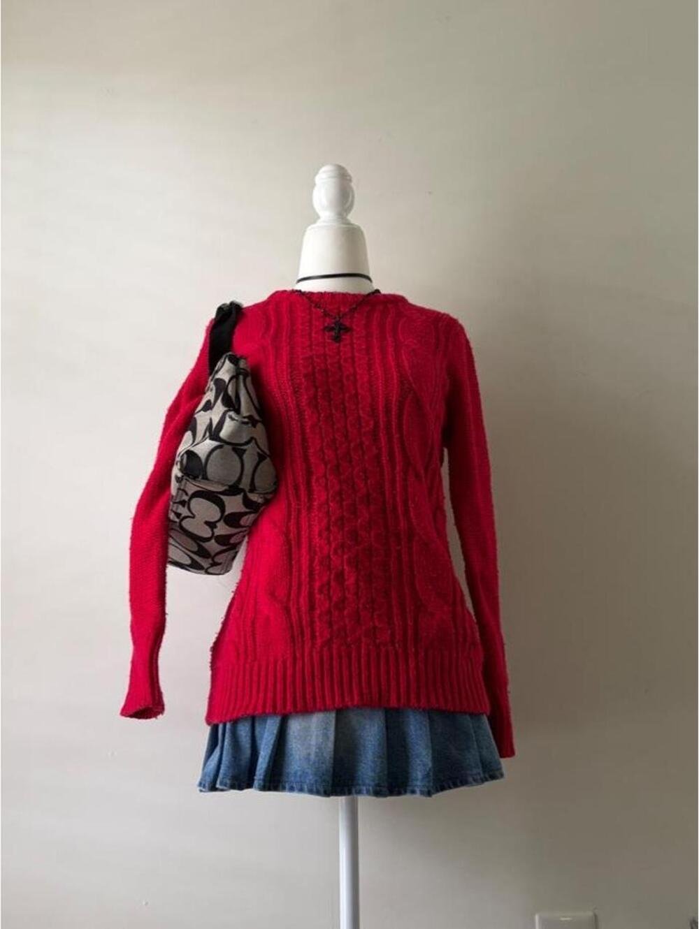 Y2K Abercrombie Cherry Red Cable Knit Sweater Preppy Cozy Fall